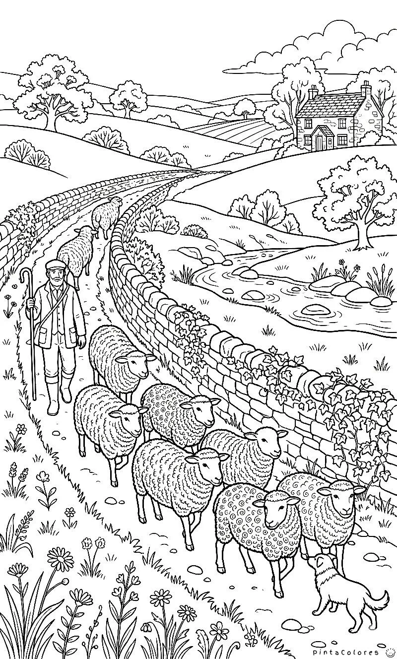 Dibujo de un pastor con su perro guiando un grupo de ovejas en fila por un camino para colorear.