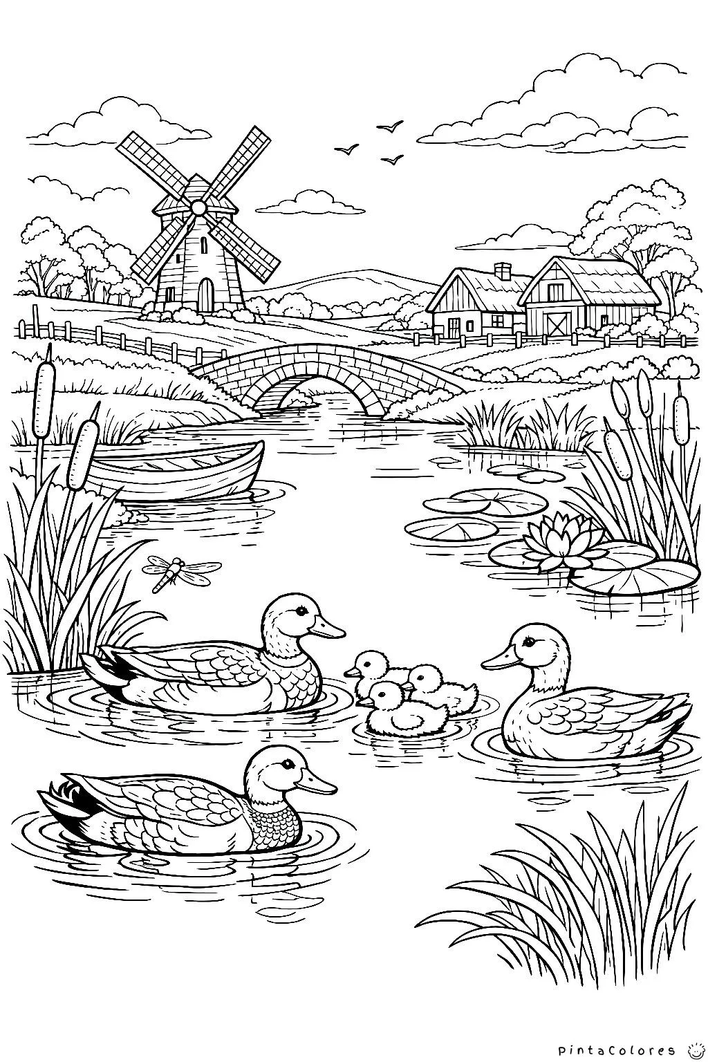 Ilustración de patos nadando en una laguna con un molino al fondo en un paisaje para colorear.