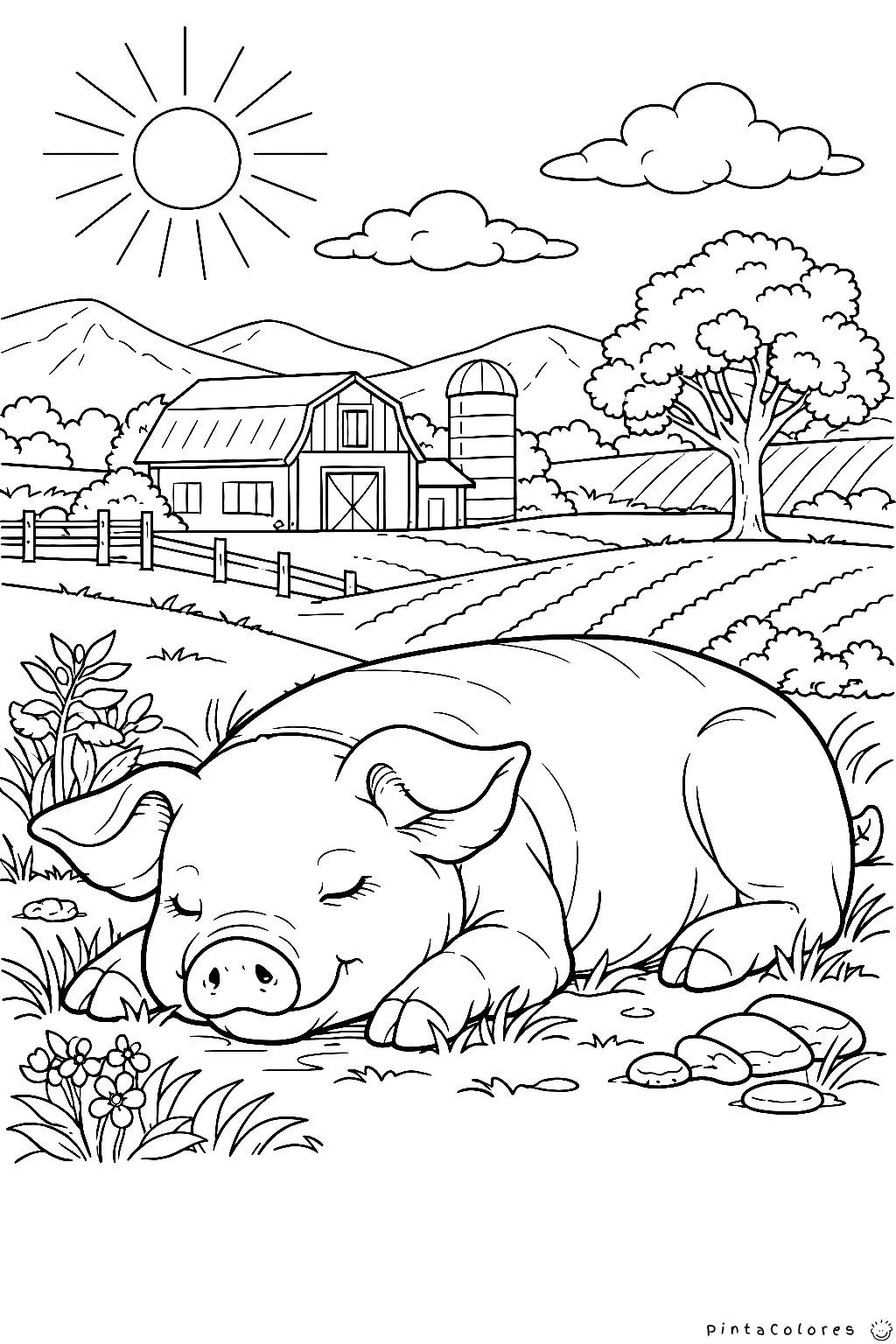 Dibujo de un cerdo durmiendo feliz en un campo con fondo natural para colorear.