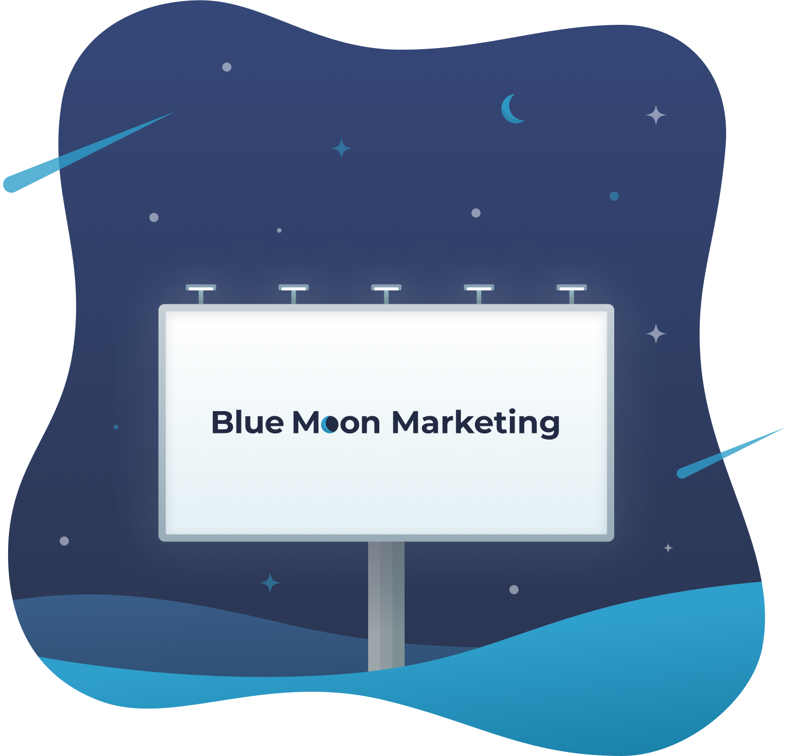Blue Moon Marketing Media Kit billboard under a starry night sky, symbolizing brand visibility and providing downloadable logo files, press-ready assets, and co-branding materials.