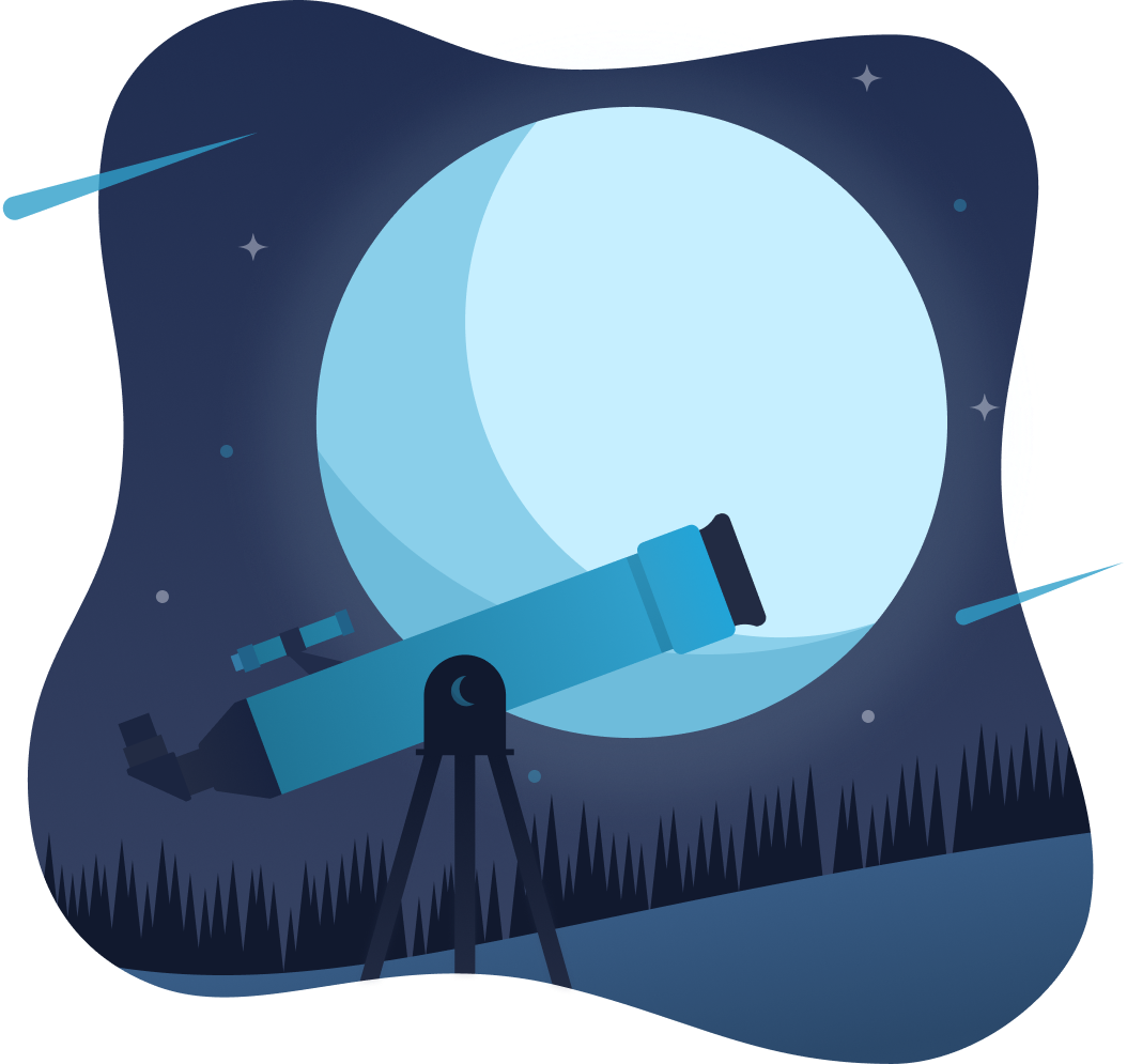 Blue Moon Marketing About Us illustration of telescope focused on a bright full moon, symbolizing discovery and learning more about our creative marketing approach for small businesses and entrepreneurs in Vancouver and Fraser Valley.