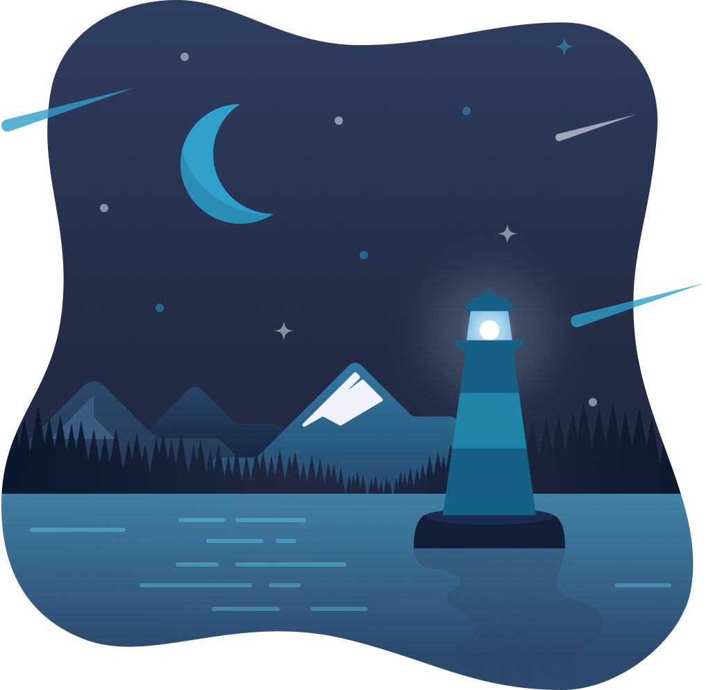 Blue Moon Marketing Our Services lighthouse graphic under a crescent moon, symbolizing expert guidance in social media, GEO, content, and consulting that helps small businesses shine and move forward.