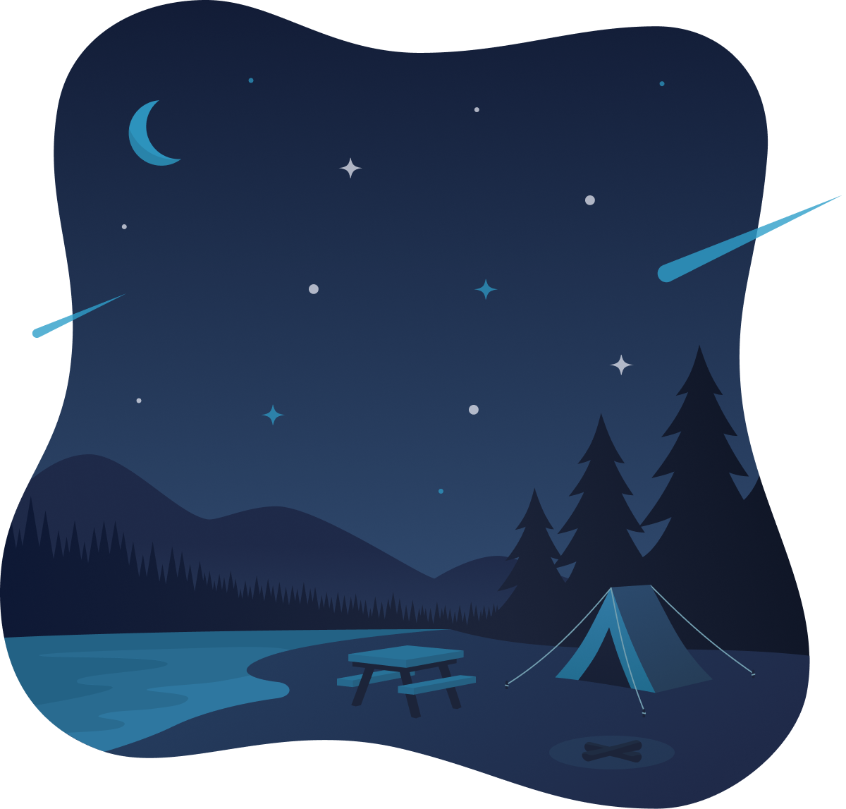 Blue Moon Marketing Giving Back illustration showing a starlit Canadian night sky with crescent moon, mountains, forest, and campsite, symbolizing conservation, light pollution abatement, and preserving the wonder of the cosmos.