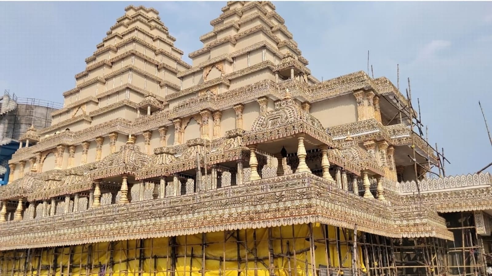 Bakri Bazar temple-style pandal under construction in Ranchi in October 2026