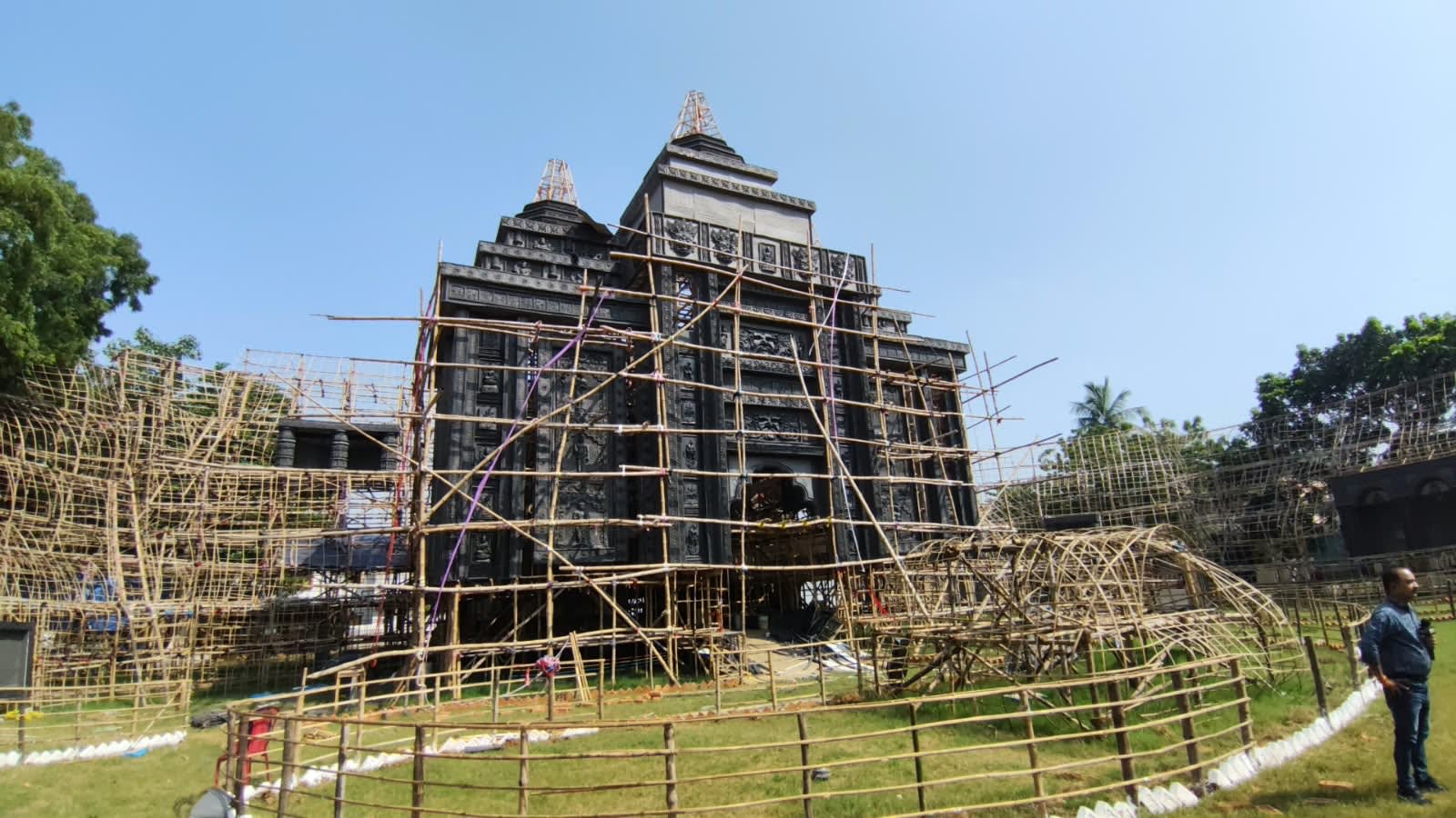 M-Type ground Adityapur pandal under construction with scaffolding in October 2026
