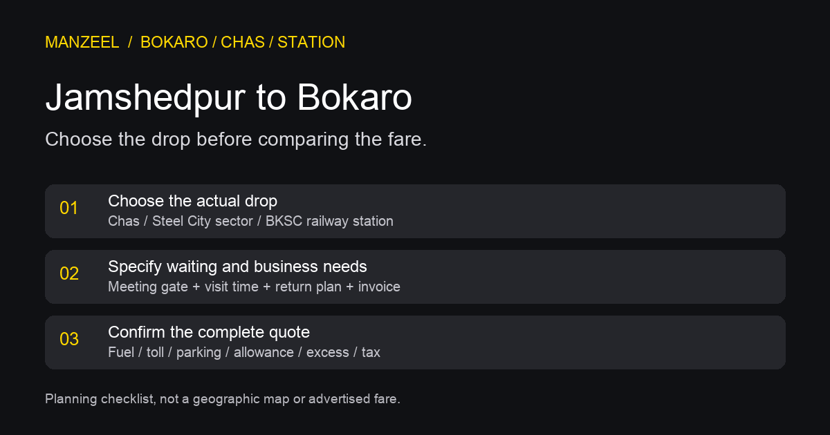 Jamshedpur to Bokaro planning checklist: choose Chas, Steel City or station; confirm waiting, invoice and full quote
