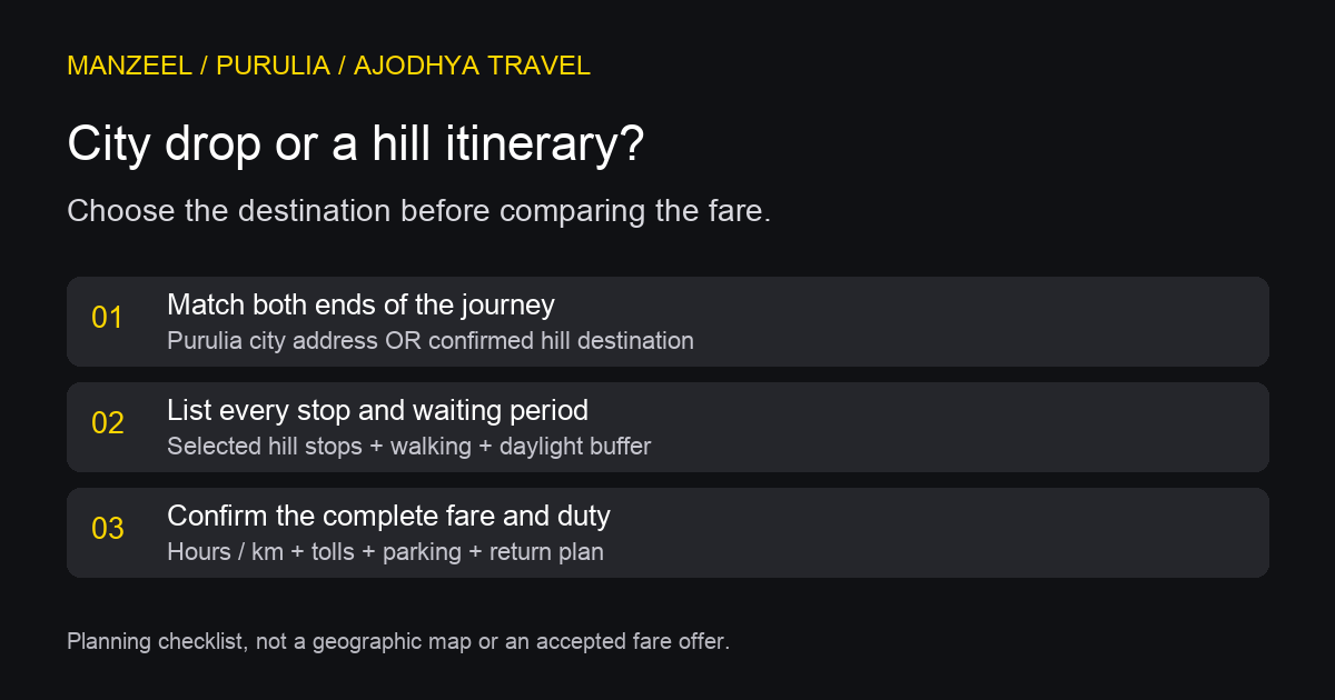 Purulia city or Ajodhya Hills planning checklist: exact endpoint, stops, walking, daylight and complete duty quote