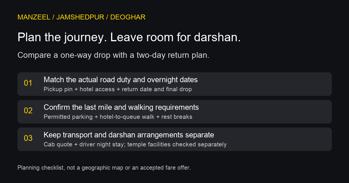 Jamshedpur to Deoghar pilgrimage checklist: overnight dates, permitted drop and walking, transport and darshan costs