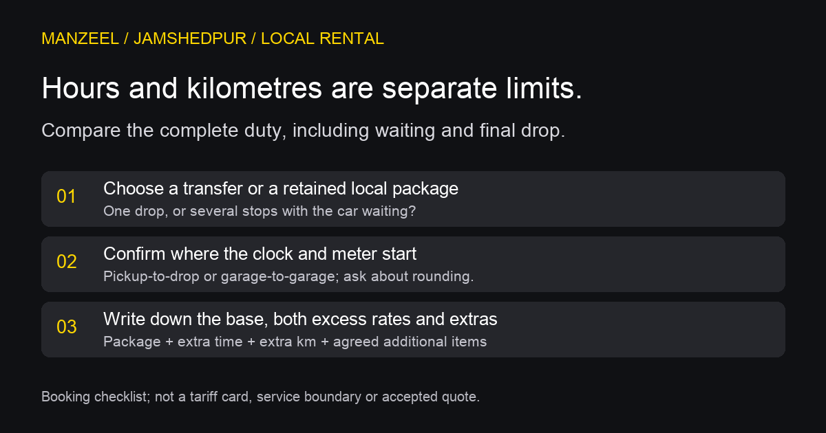 Jamshedpur local cab checklist showing separate hour and kilometre limits, meter basis and itemised extras
