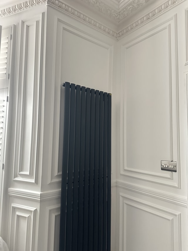 White wall panelling in Astragal, Astragal Large and Inset MDF panel moulding, below an ornate cornice