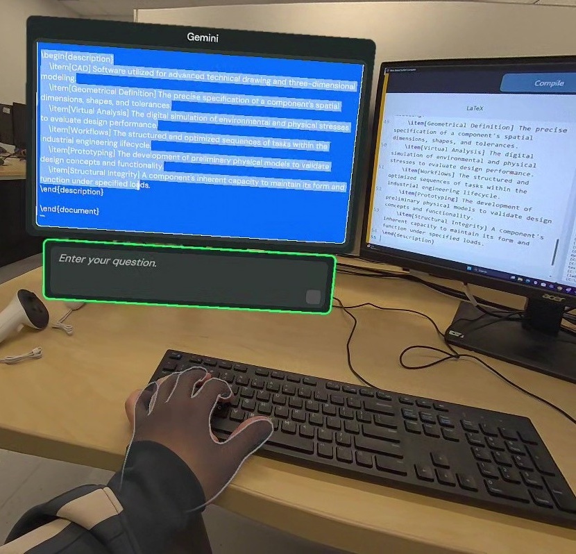 Text selection and interaction mechanism across physical desktop and AR display space.