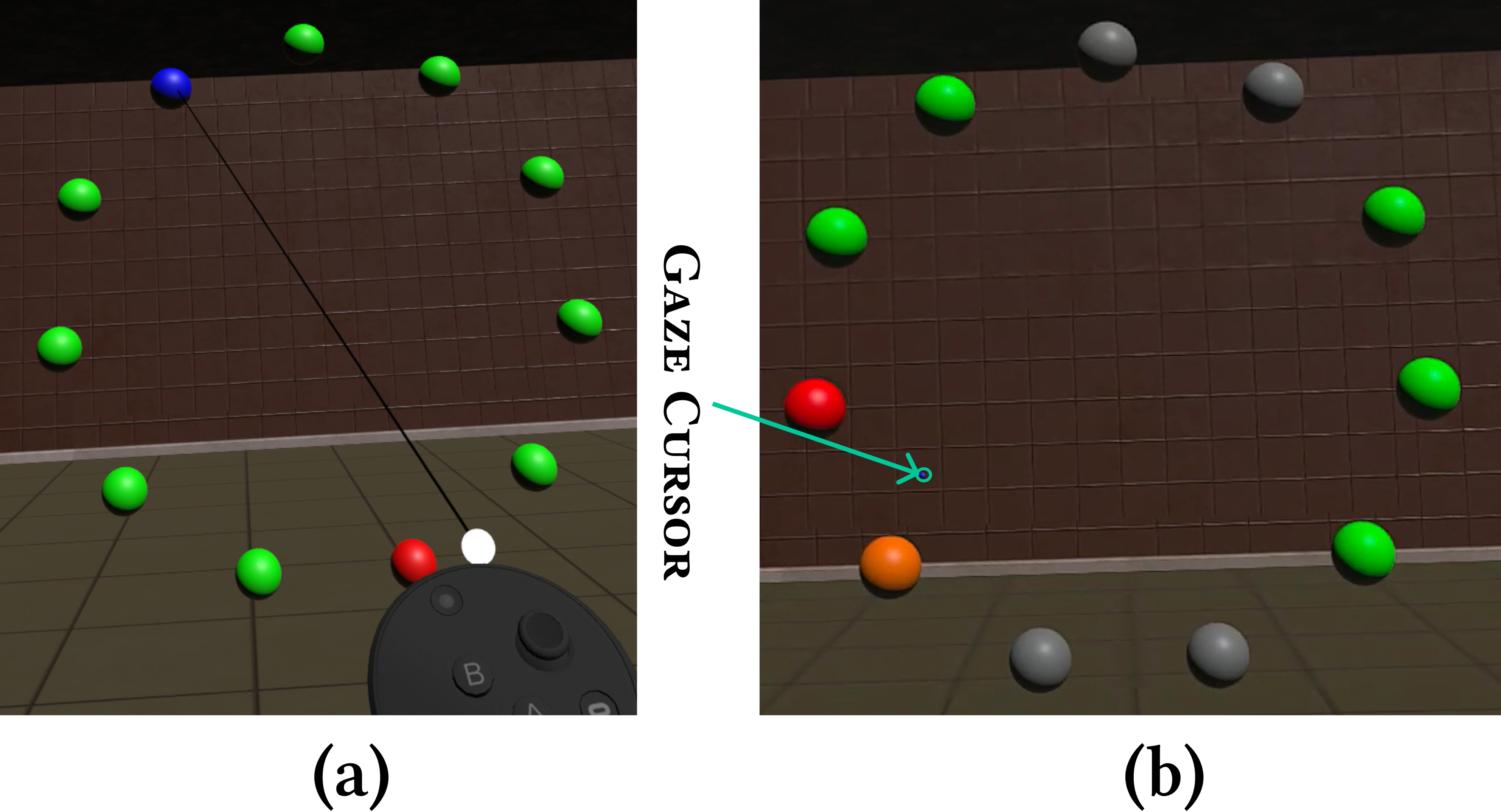 The view inside the headset during the 3D selection task: (a) User pointing with the controller, (b) User pointing using gaze.