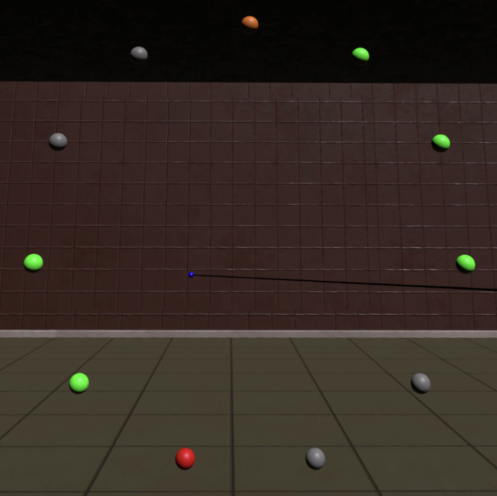 Virtual environment setup showing target placement across six visual depth distances in diopters.