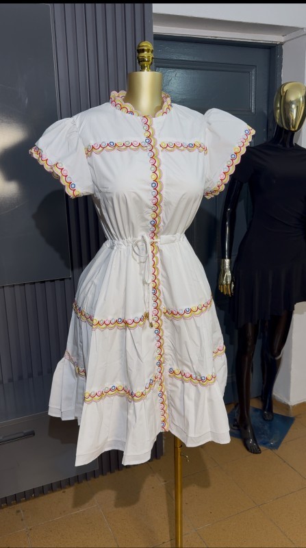 French Vintage Short Sleeve Mini Gown White Lanford Dress for Ladies