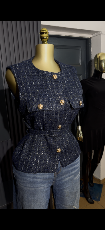 Zara-Styled Belted Tweed Vest Waistcoat Short Sleeve Fashion Ladies Outfit