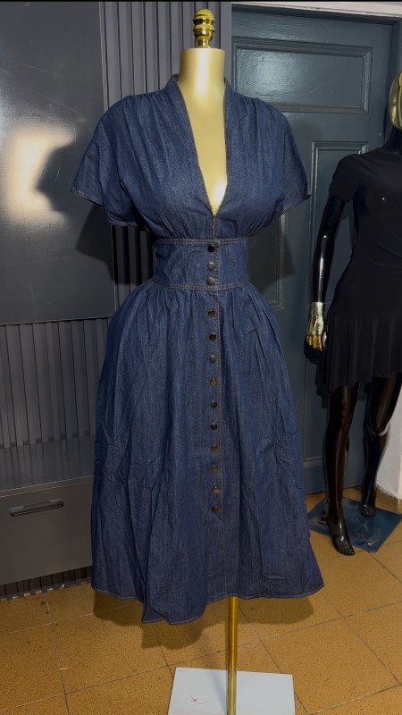 High End Women's Denim Midi Dress Gown Short Sleeve Outfit