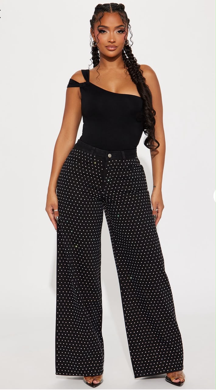 lady black rhinestone studded jeans for fashion