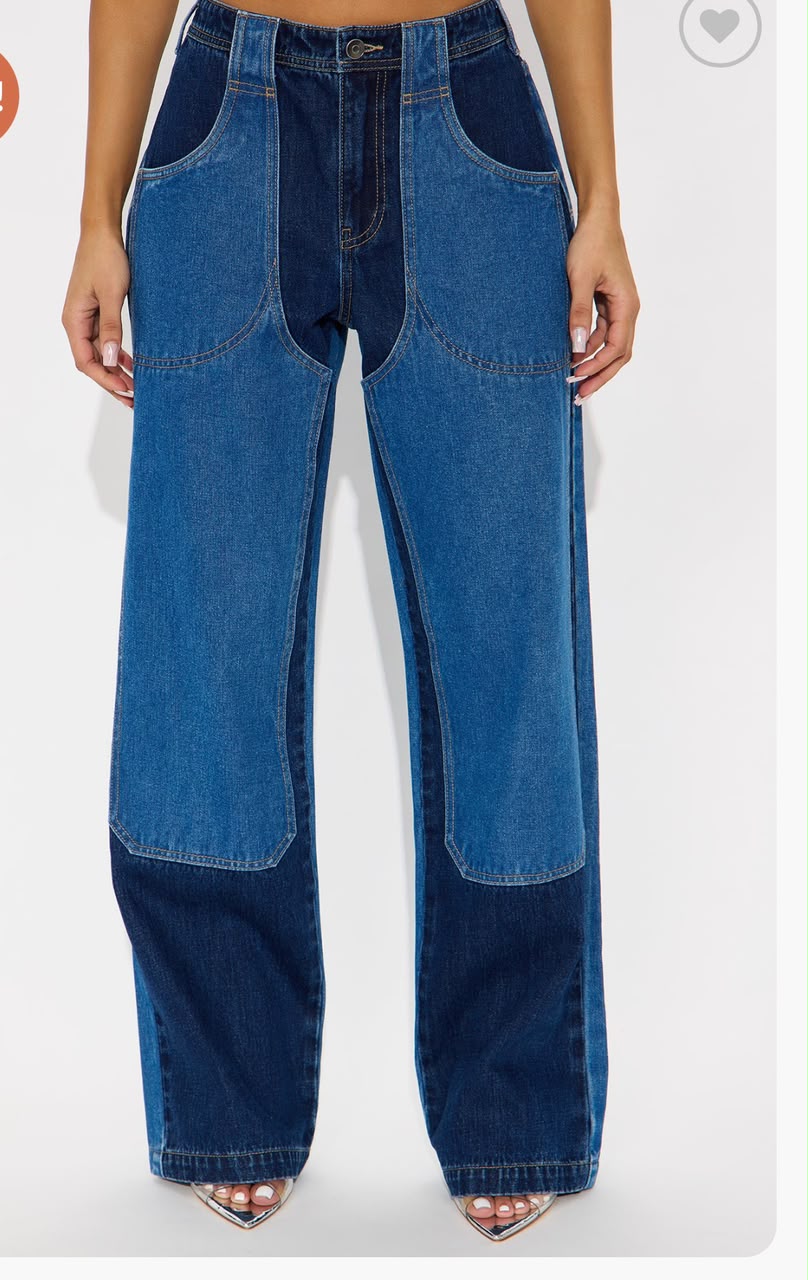 blue contrast patch wide jeans for fashion