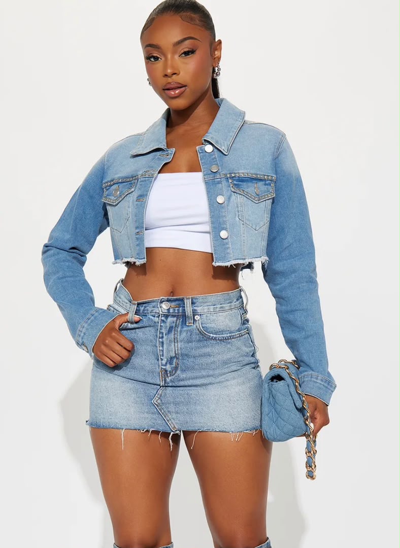 blue cropped denim jacket skirt set for fashion