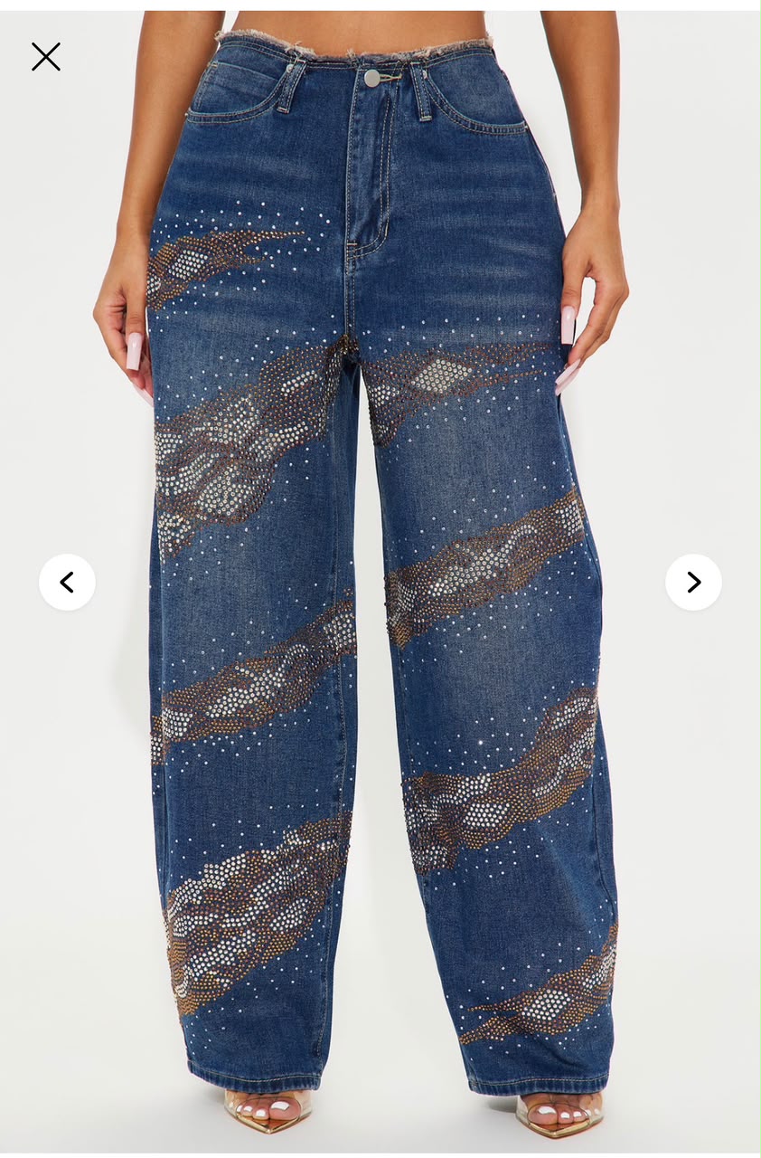 blue graphic studded wide jeans for fashion