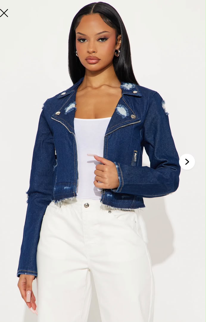 dark blue distressed biker denim jacket for fashion