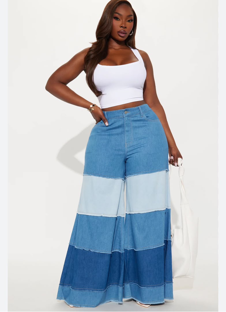 blue multi wash tiered wide jeans for fashion