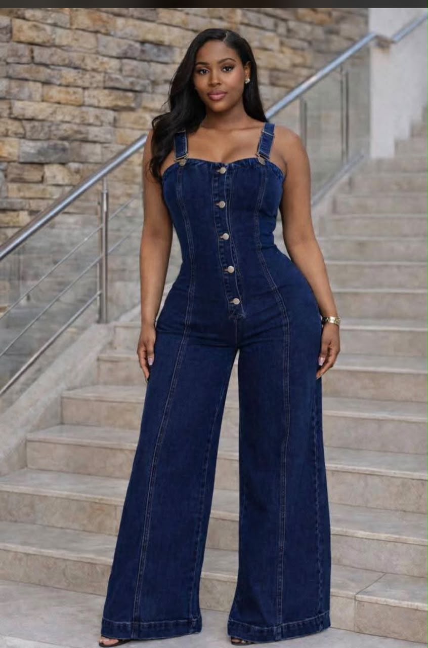 dark blue button front wide denim jumpsuit outdoor style