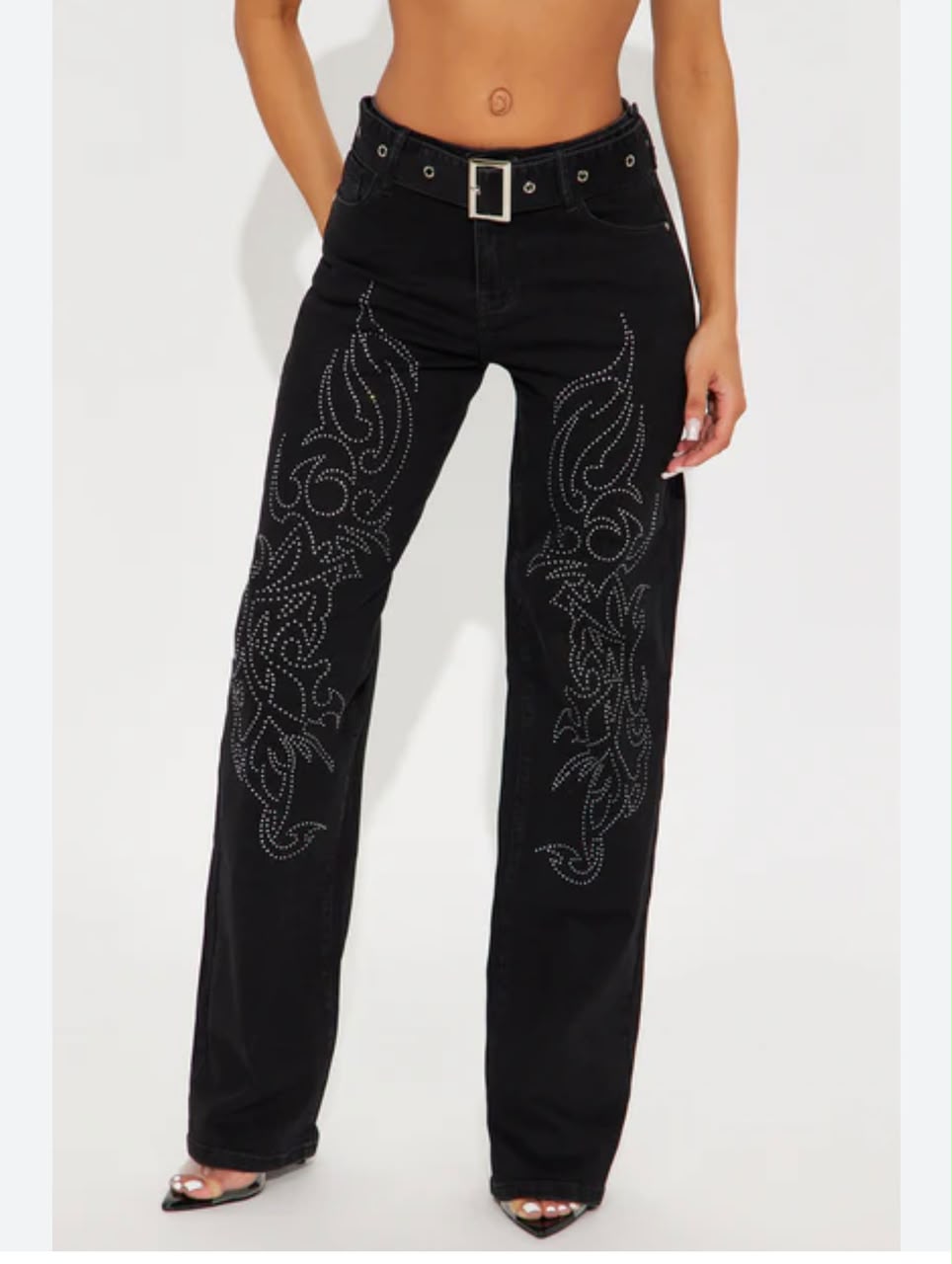 black studded flame wide leg jeans for fashion