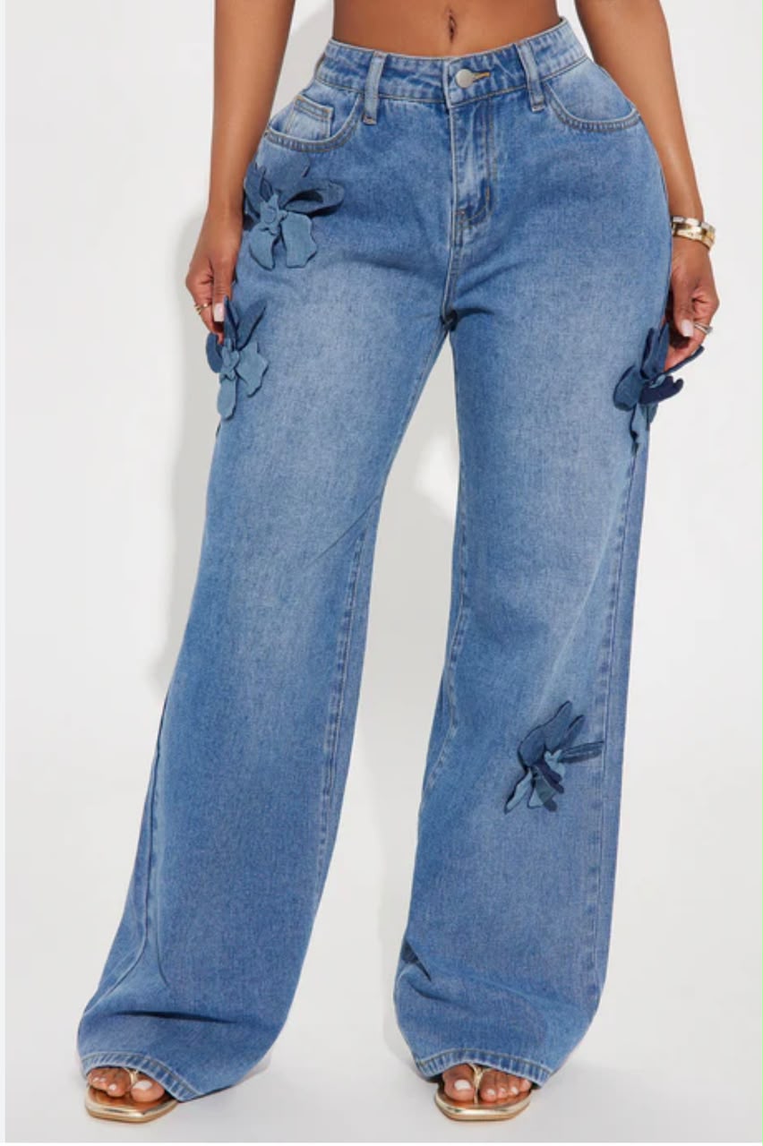 blue denim bow applique wide jeans for fashion