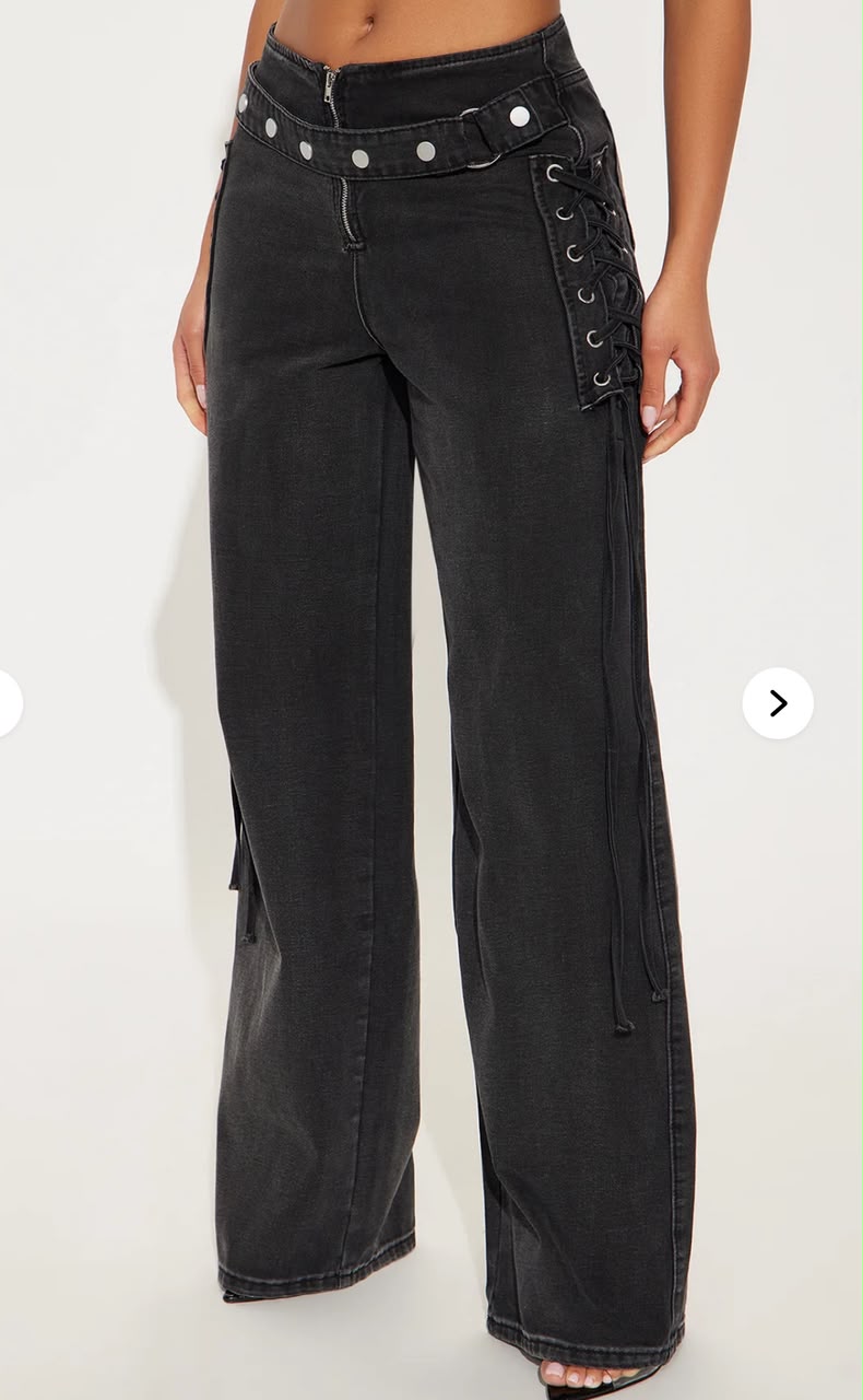 black lace up side studded wide jeans outdoor style