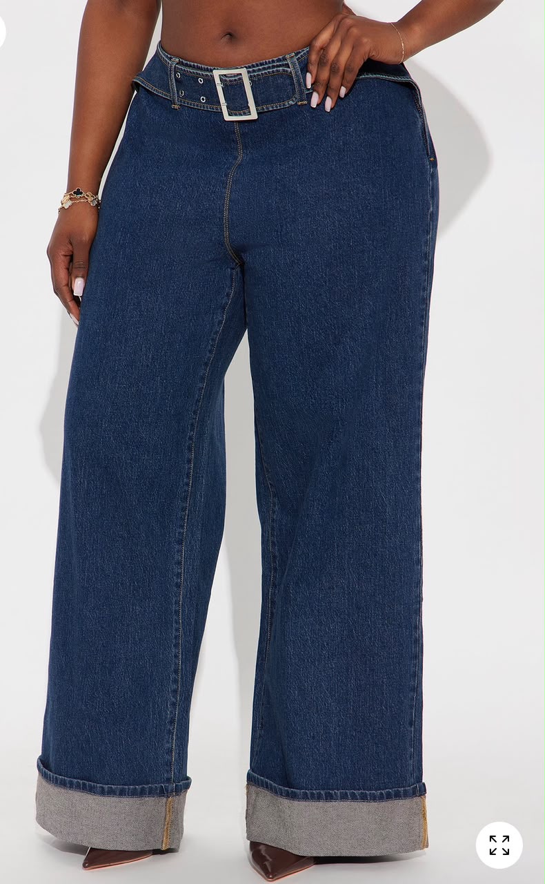 Belted Turn-Up Wide-Leg Jeans