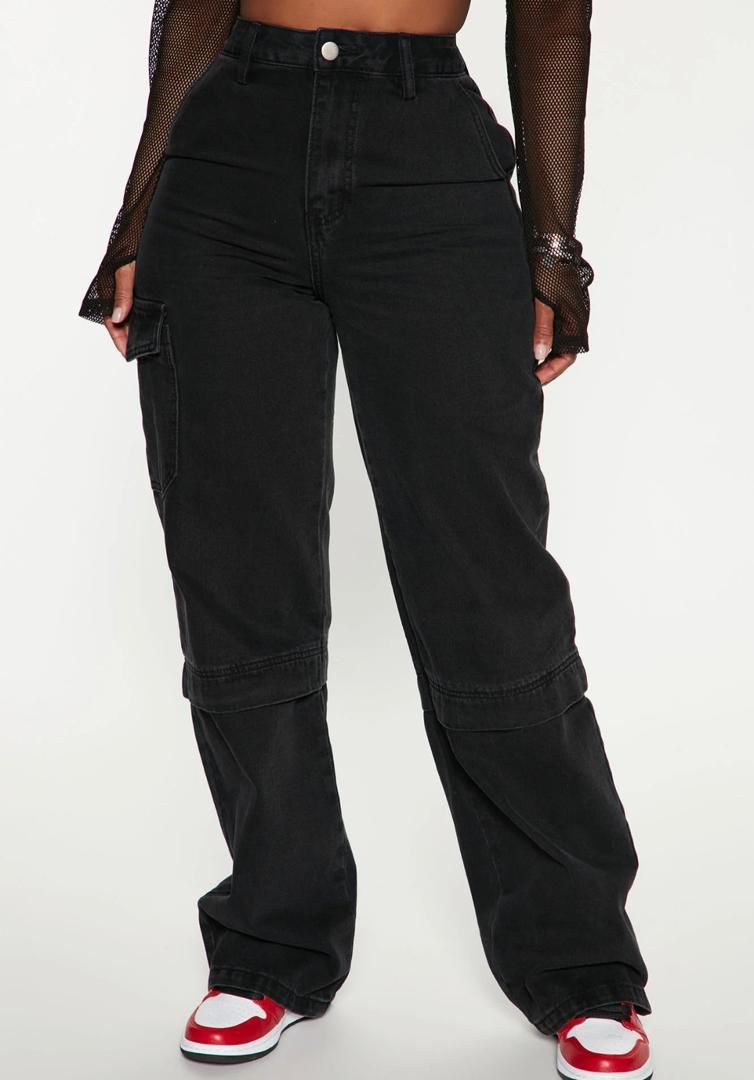 Women's Black Cargo Wide-Leg Denim Jeans | High-Waist Utility Pocket Straight Trousers