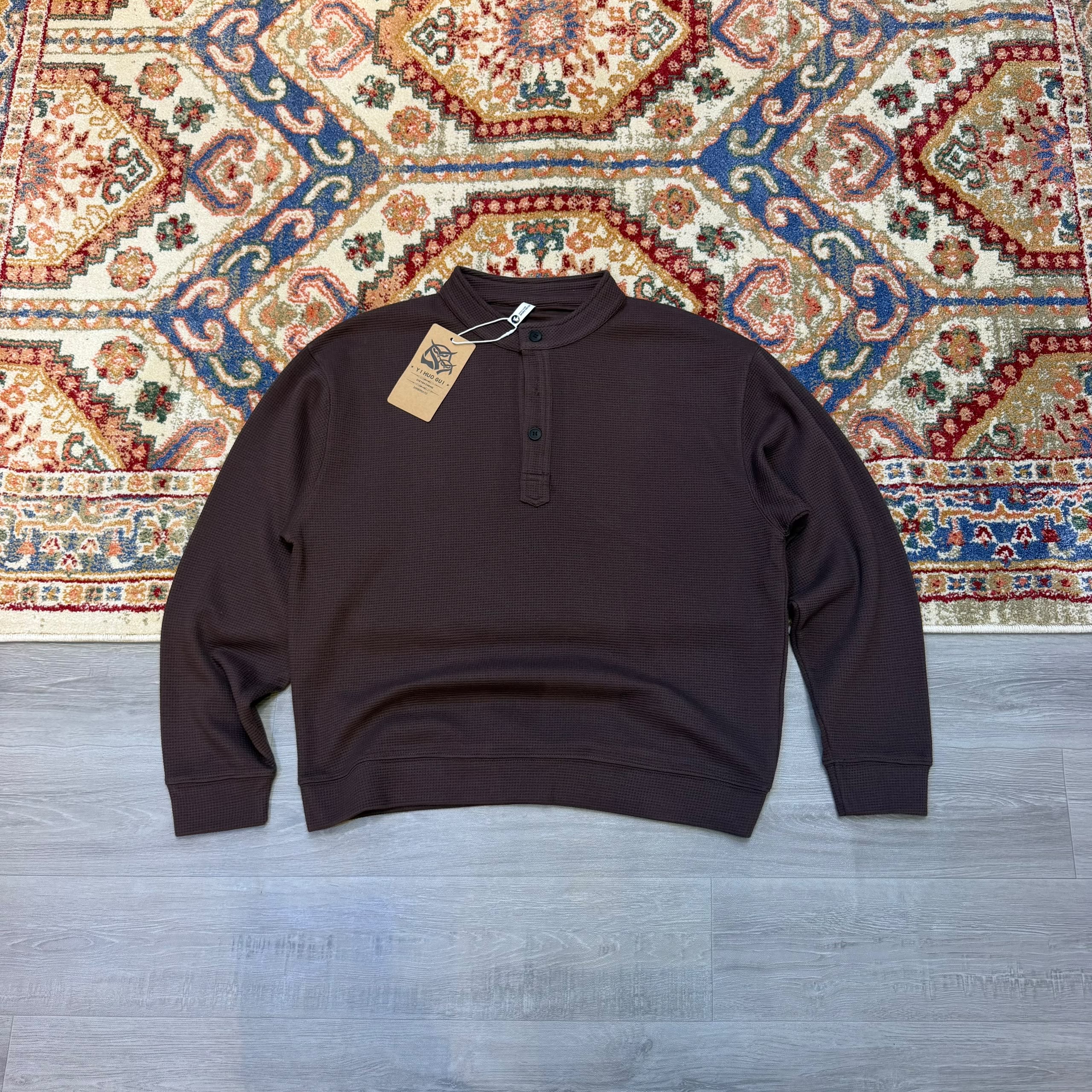 Waffle Knit Henley Crewneck Sweatshirt