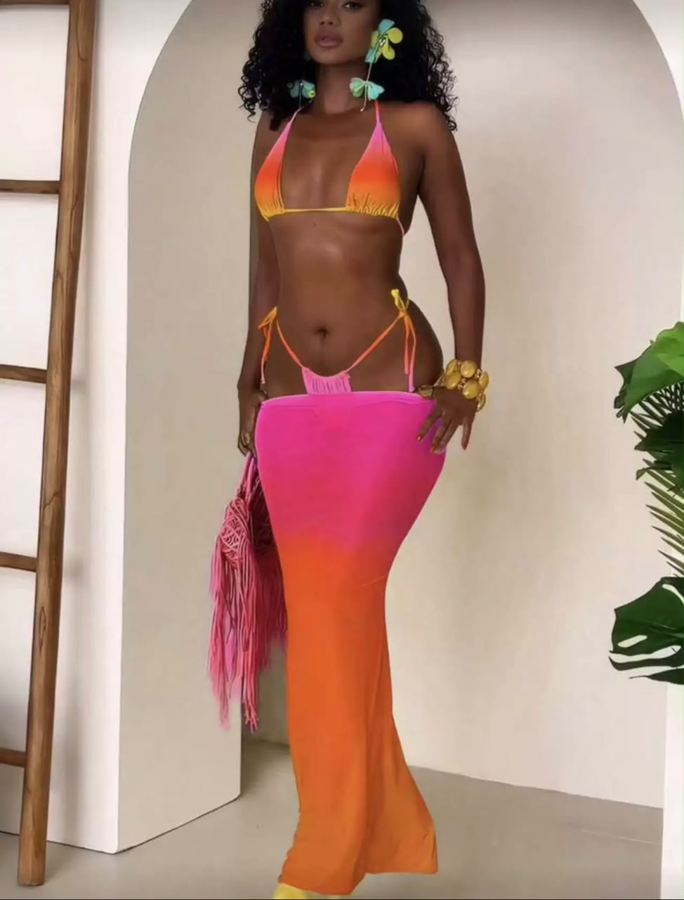 Sunset Gradient 3-Piece Bikini & Skirt Set