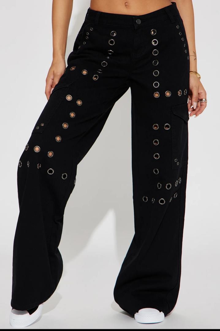 Grommet Detail Black Cargo Pants