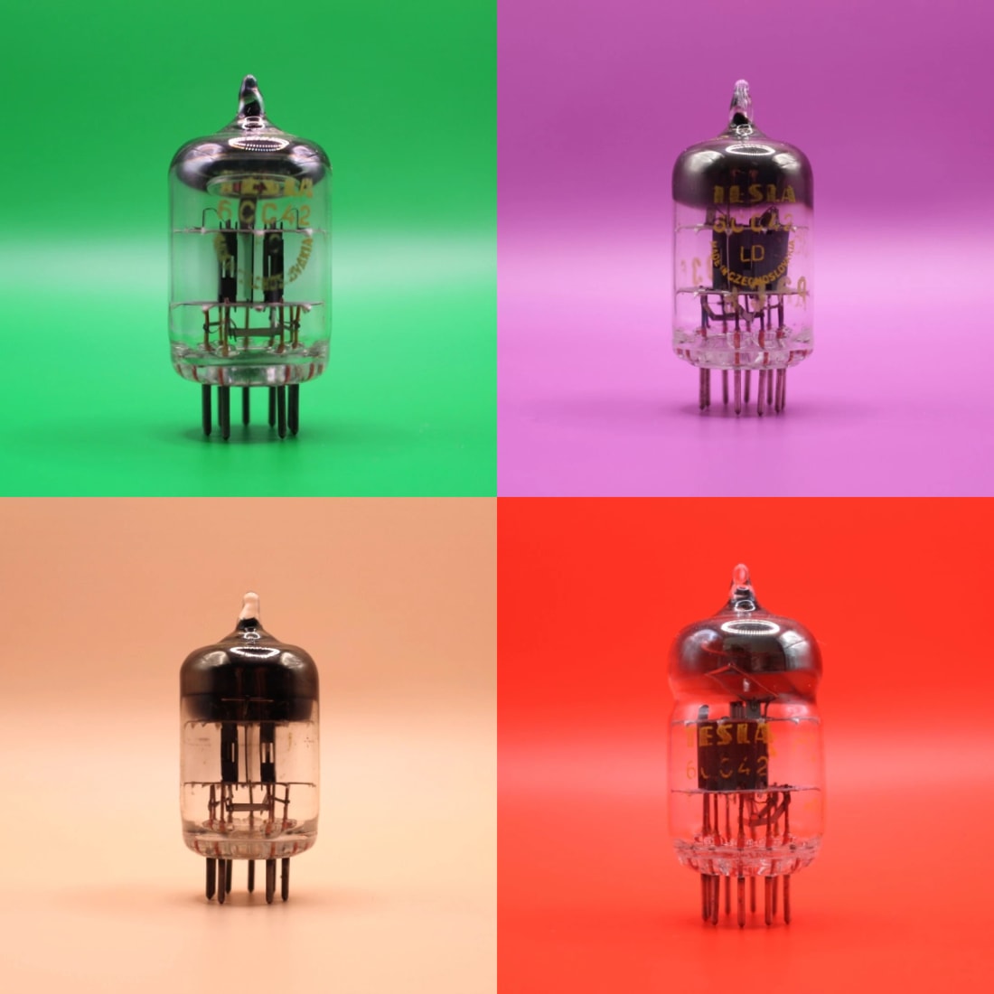 Collage of four Tesla 6CC42 double triode variants — pinched waist with inclined D-getter, inclined square getter, square getter, and later straight-bottle production