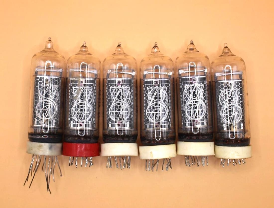 Six used IN-14 tubes with spacers, with leads of different lengths