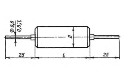 K40U-9 capacitor mechanical drawing with body diameter D, body length L, lead diameter 0.6, 0.8 and 1 mm, and 25 mm of lead at each end