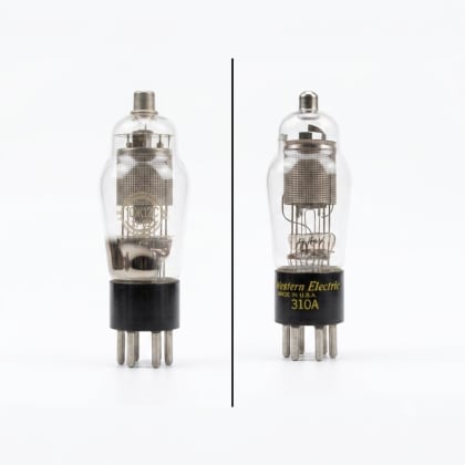 Soviet 10Ж12С pentode beside a Western Electric 310A, both with top caps and six-pin bases