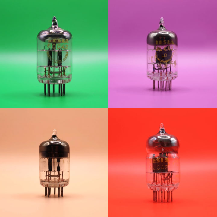 Collage of four Tesla 6CC42 double triode variants — pinched waist with inclined D-getter, inclined square getter, square getter, and later straight-bottle production