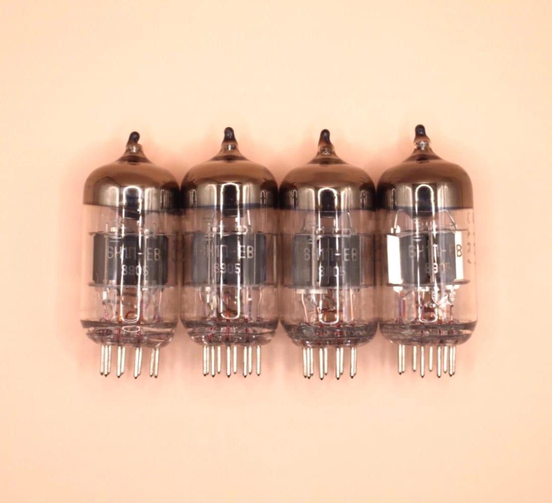 Four NOS Soviet 6N1P-EV double triodes with same date codes, Voskhod rocket logo