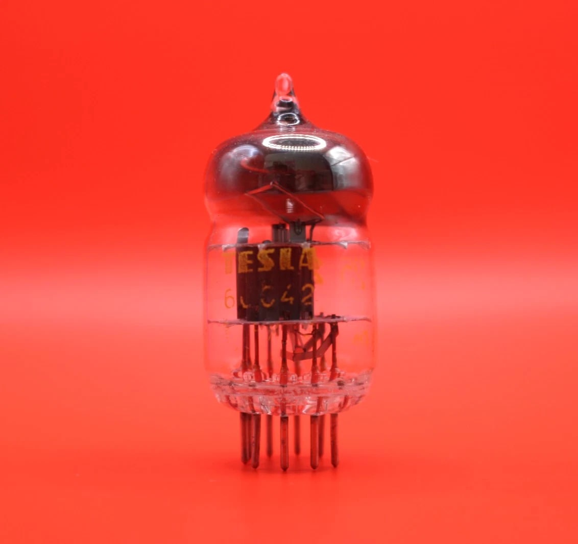 NOS Tesla 6CC42 pinched waist double triode, constricted glass envelope visible at mid-bulb