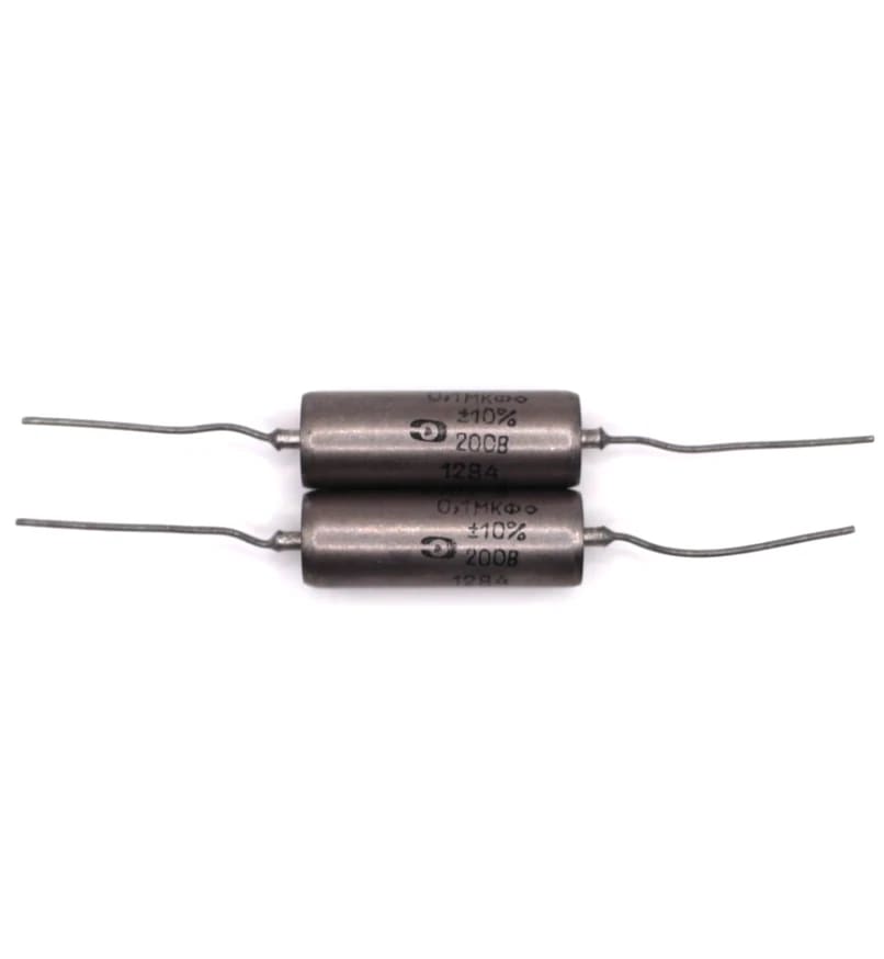 Two Soviet K40Y-9 paper-in-oil capacitors marked 0.1 MKF, plus or minus 10 percent, 200 V, dated 12 84, with bent axial leads