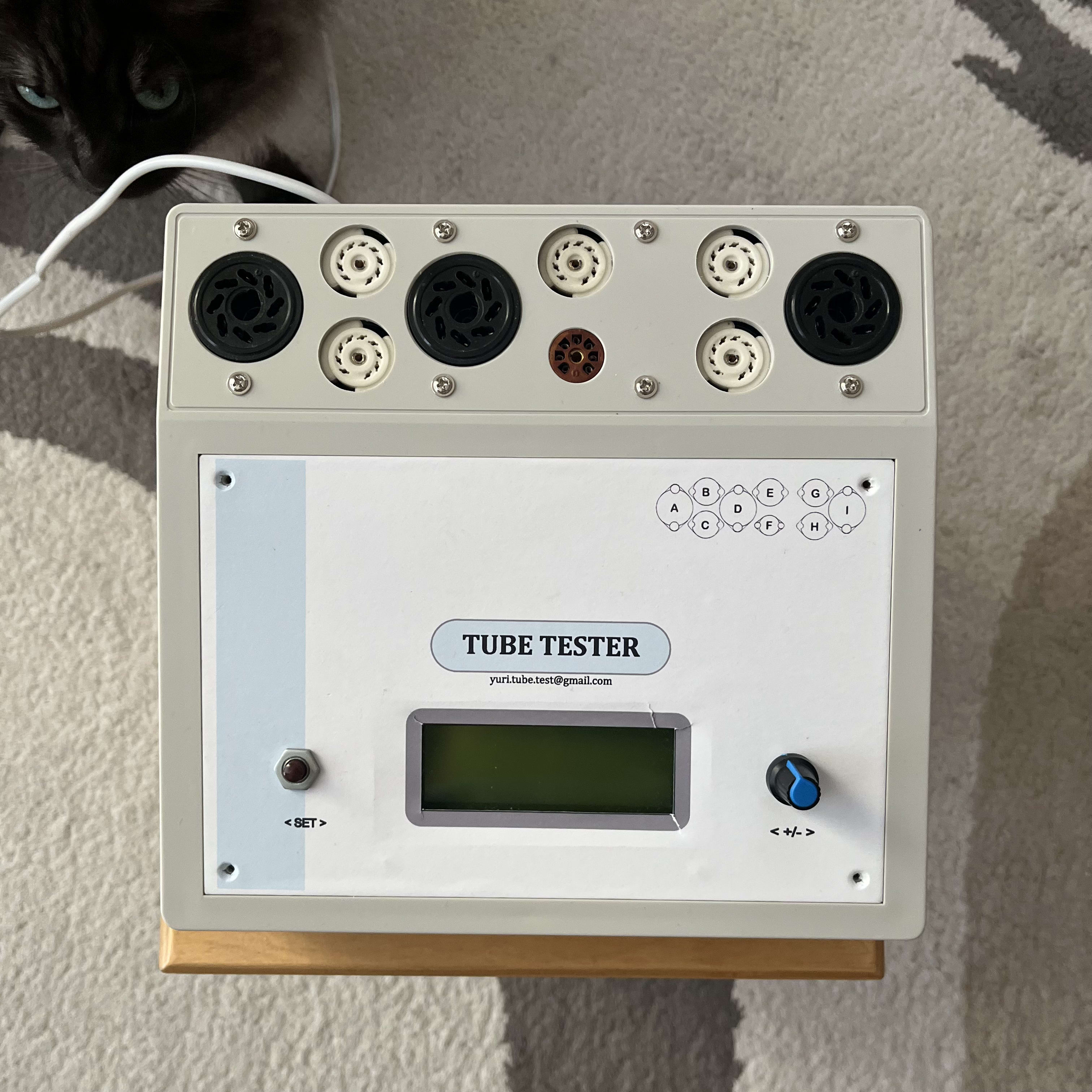Top view of the solid-state tube tester showing its tube sockets, LCD, and control knob
