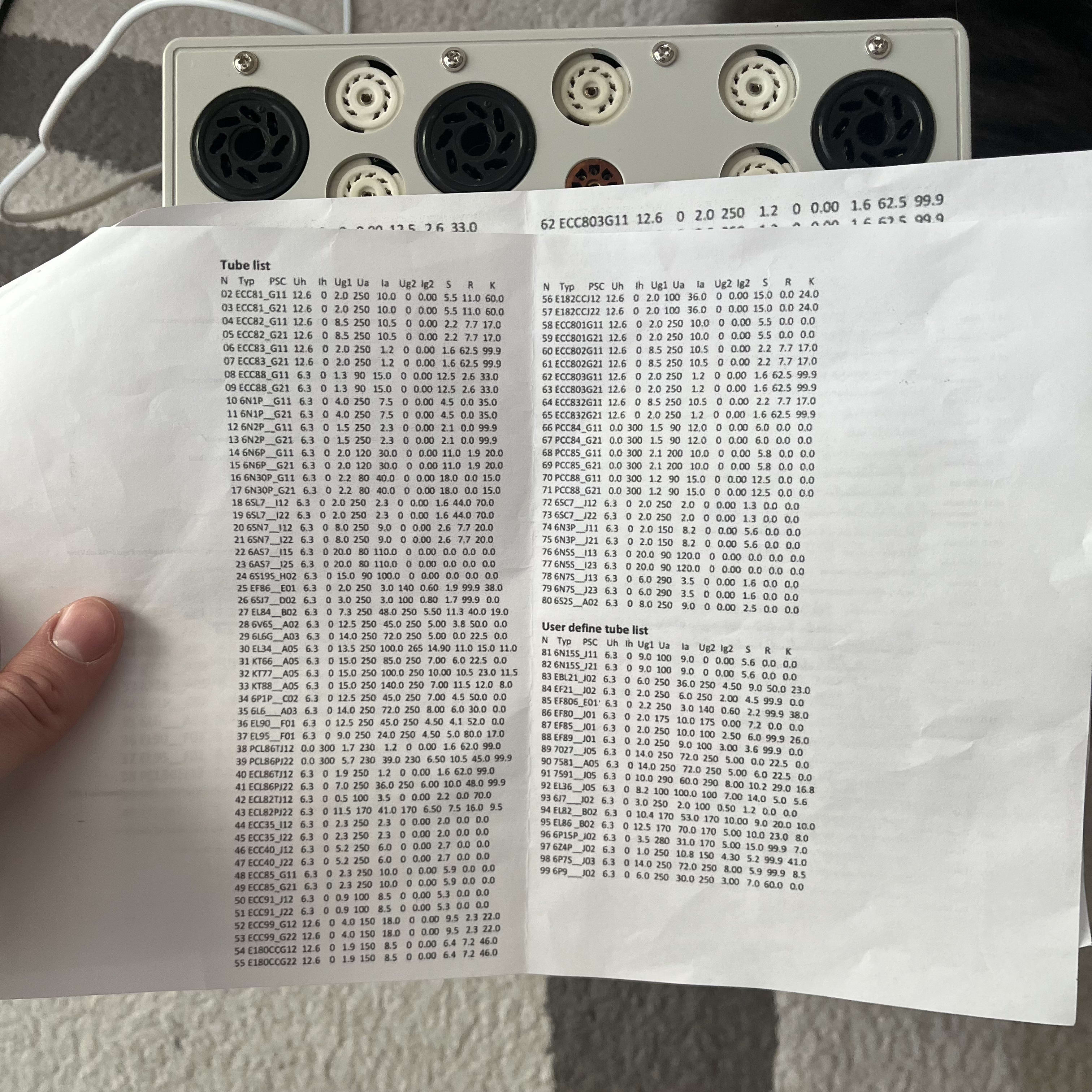 A printed tube list for the solid-state tester, with operating points for each tube type