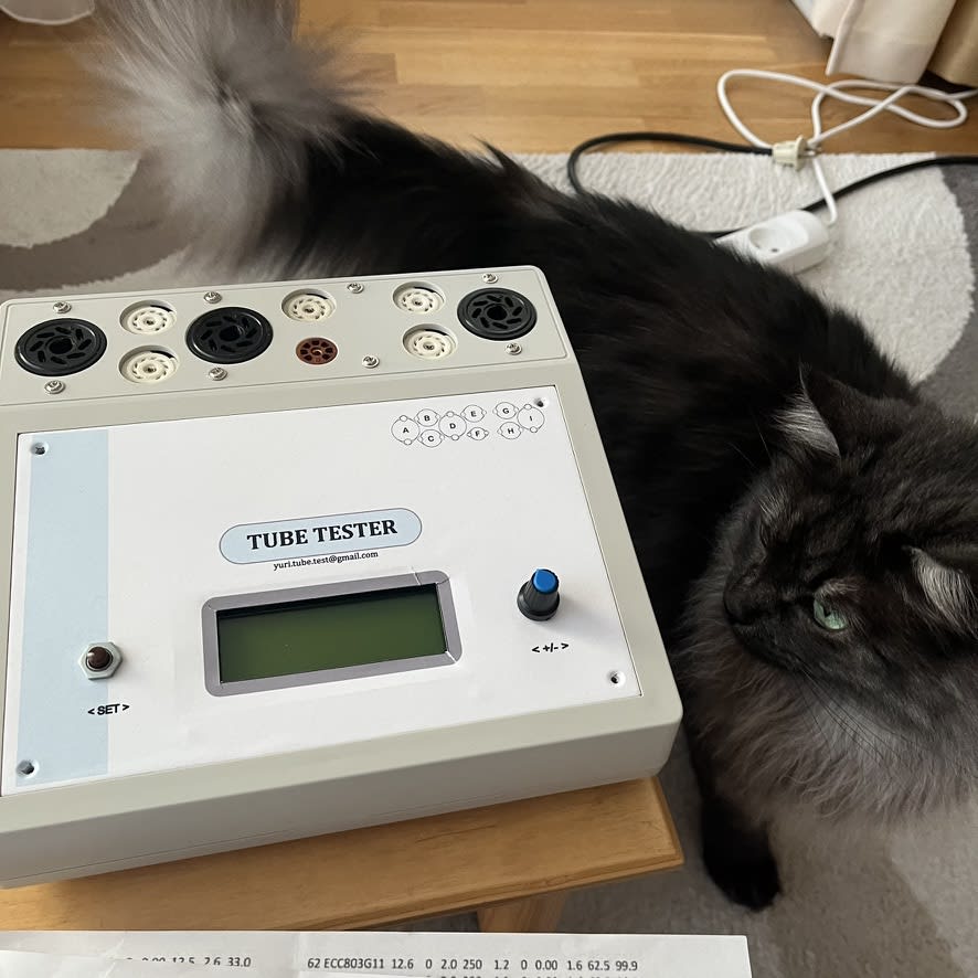 A modern solid-state tube tester beside Martha, a long-haired black cat