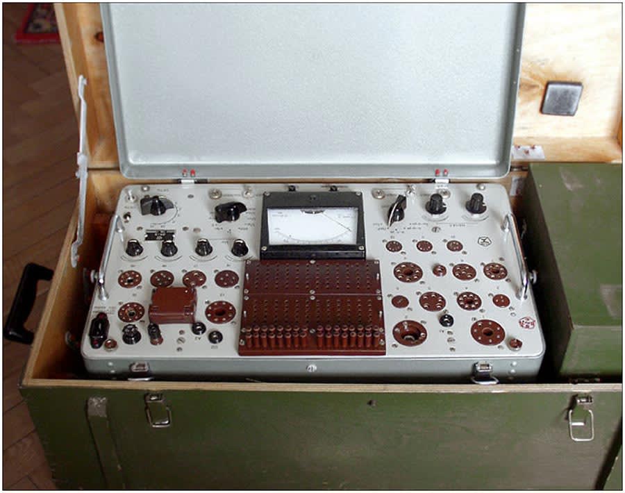 A Soviet L3-3 tube parameter meter in its field case with the lid open