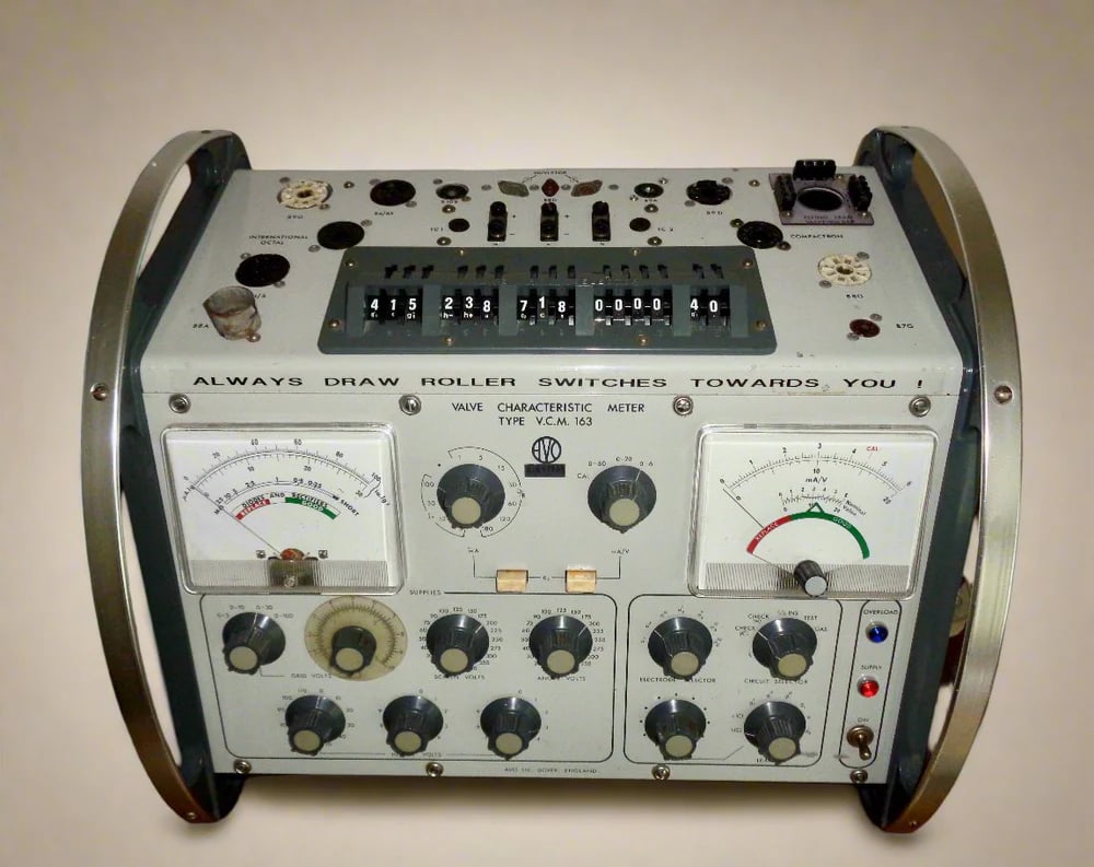 Front panel of a British AVO VCM163 Valve Characteristic Meter