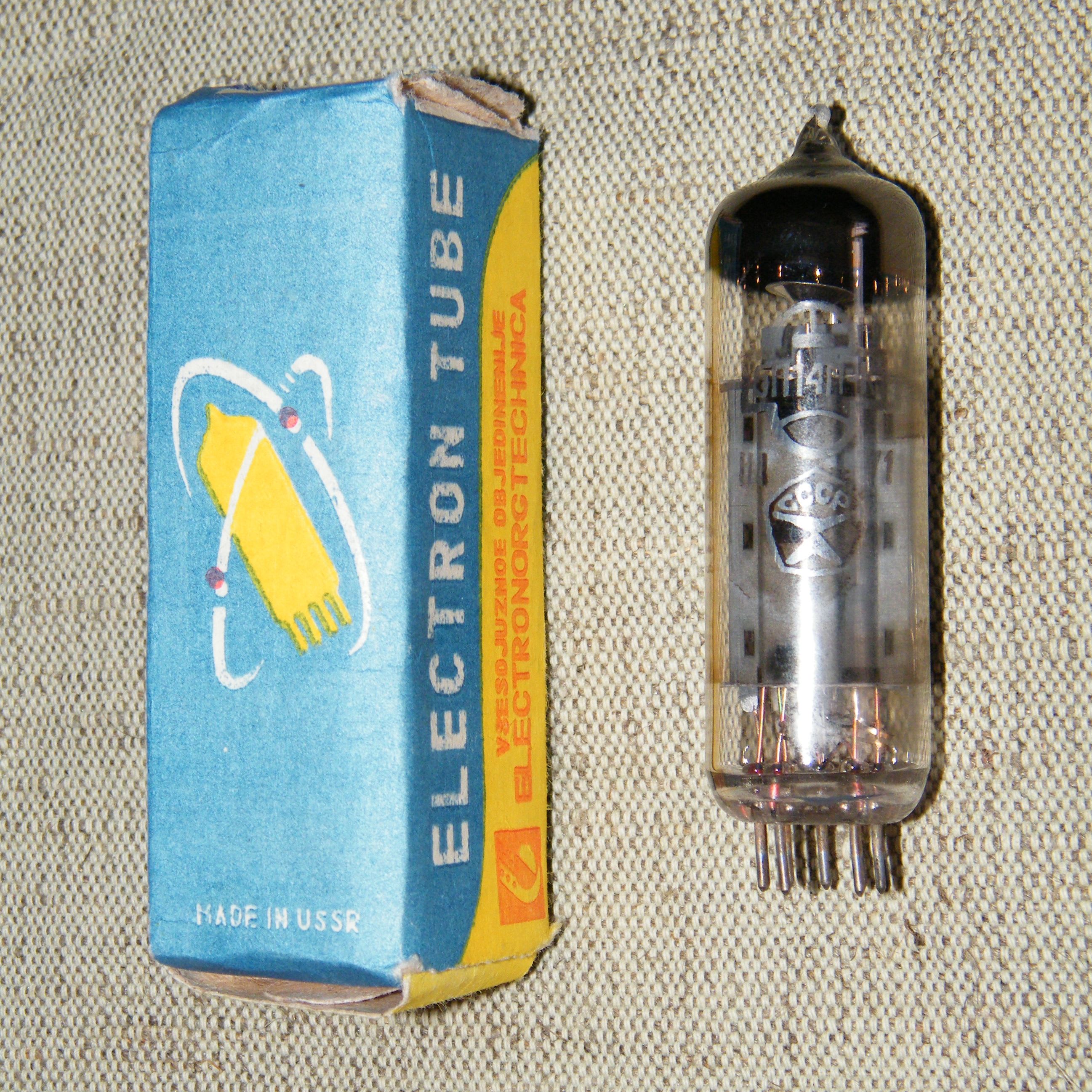 Soviet 6P14P tube with its blue and yellow export box printed ELECTRON TUBE MADE IN USSR