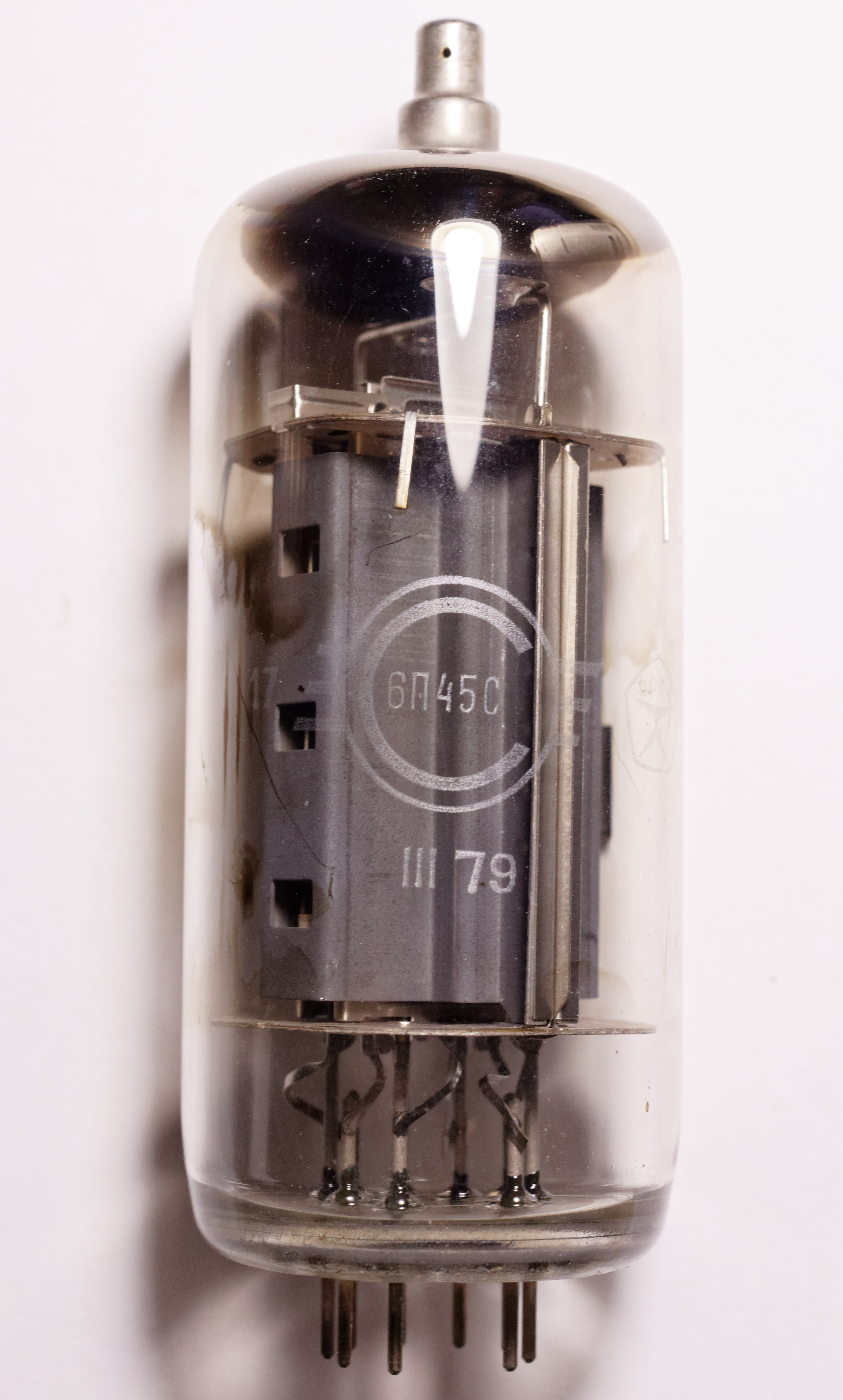 Soviet 6P45S tube with Svetlana logo, Roman numeral date III 79 and State Quality Mark on the glass